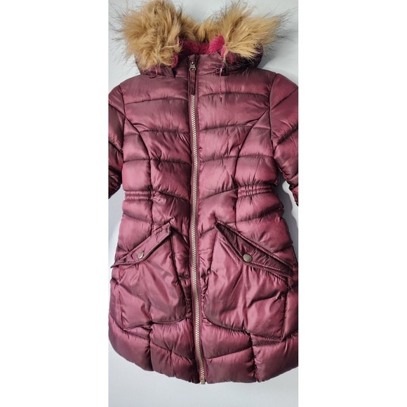 Girls Falls Creek Burgundy Puffer Coat Faux Fur XS 4/5 Removable Hood Winter - Picture 4 of 10